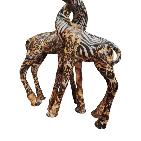 La Vie Giraffe Kissing Pair Set Safari Decoupage Patchwork Glazed Zebra 10 Inch - Picture 4 of 8